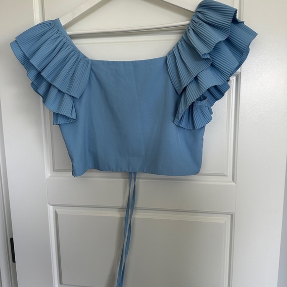 Powder Blue Cap Sleeve Crop Blouse with Ruffled Tie Front - Picture 2 of 4
